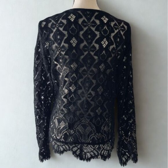 Black Lace Long Sleeve Top - Sheer Boho Elegant Blouse M - Picture 3 of 4